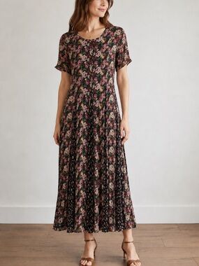 Starina Vintage Floral Rayon Maxi Dress Black Pink Cottagecore Size S